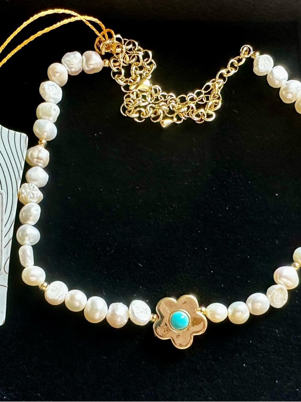 eye candy Gold & White Pearl Necklace with Turquoise Flower Charm
